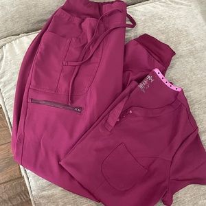 Heart soul wine colored jogger scrubs.